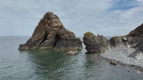 Blackchurch Rock and Cliffs over Mouthmill Beach, North Devon Coast, Devon, UK Video stock 342042823