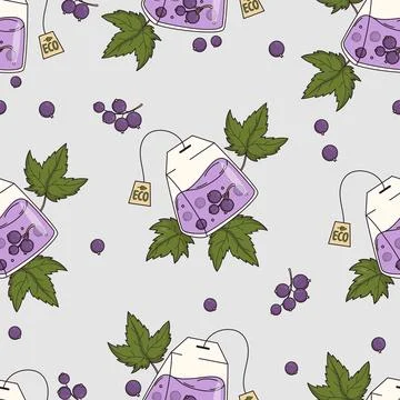 Blackcurrant Tea Bag Seamless Pattern. Nordic Minimalist Botanical Wrap on .. Illustrazione stock