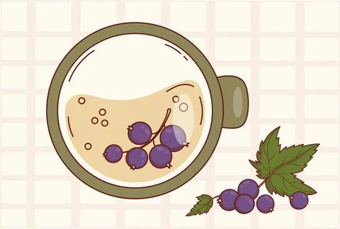 Blackcurrant Tea Cup Top View on Plaid Background. Eco Natural Herbal Bever.. Stock Illustration