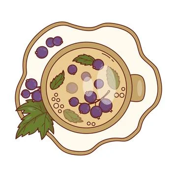 Blackcurrant Tea Cup Top View. Herbal Beverage on Craft Saucer with Mint Le.. Stock Illustration