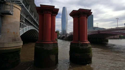 Blackfriars Bridge pillars on the River Thames Stock Footage 109185494