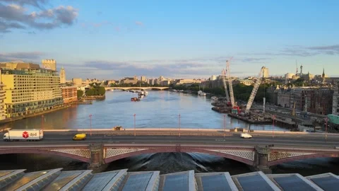 Blackfriars Bridges over Thames river, bright morning sunshine Video stock 157464893