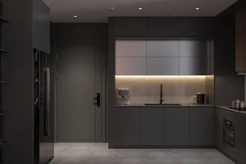 Blackish Interior Idea Into Open Kitchen, Utensils, LED Lighting, 3D Renderin Stock Photos