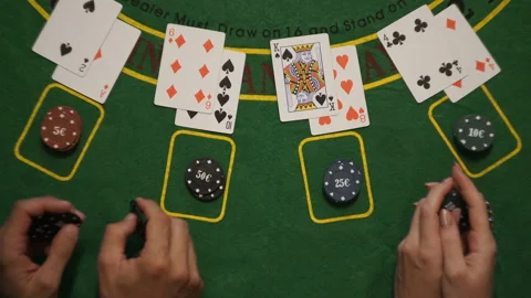 Blackjack, Cards Bets Chips Player Hands On Deck Table, Hit Me Gesture, Top View Stock Footage 90480859