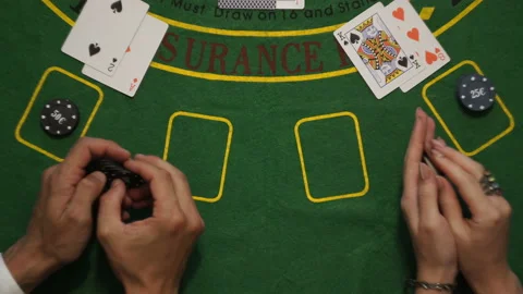 Blackjack, Cards Bets Chips Player Hands On Deck Table, Hit Me Gesture, Top View Stock Footage 90493026
