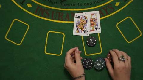 Blackjack Gambling Game, Player Won, Bet Chips Cards Green Deck Table, Top View Stock Footage 90514115