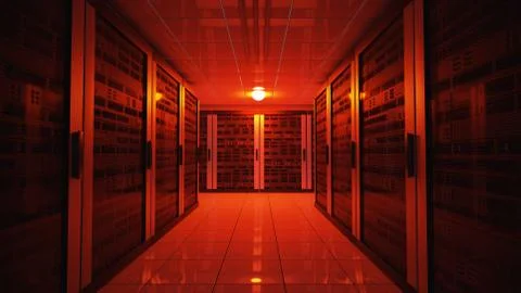 Blackout concept. Emergency failure red light in data center with servers. 3D イラスト素材