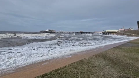 Blackpool England, walking on sea side in stormy sea. Stock Footage 238022829