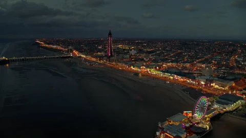 Blackpool illuminations aerial view at night Stock Footage 336803105