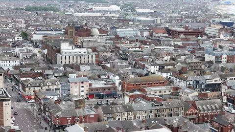 Blackpool Lancashire UK town centre Panning drone aerial long shot Stock Footage 336299655