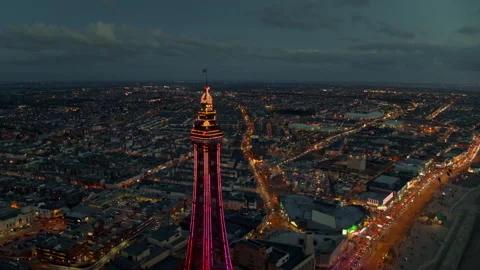 Blackpool Tower aerial night view with city lights Stock Footage 336802778