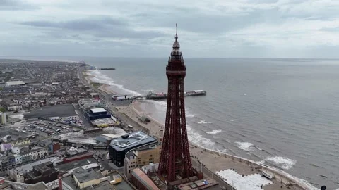Blackpool Tower and beach high angle drone aerial view Stock Footage 336300782