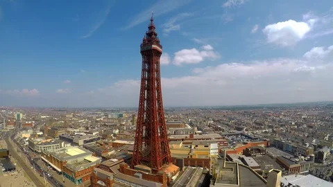 Blackpool Tower and Blackpool beach by drone, June 2018 Stock Footage
