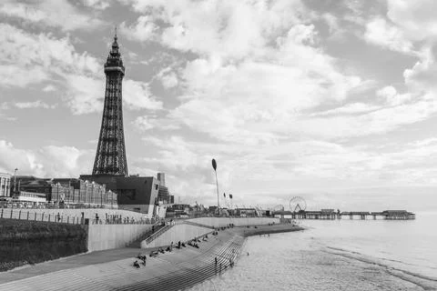 Blackpool Tower and the Central Pier in monochrome Stock Photos