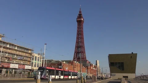 Blackpool tower moving tram seaside resort 170518 Stock Footage 103315290