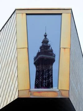 The Blackpool Tower in reflection on wedding chapel building Stock-Fotos