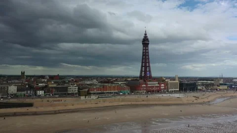 Blackpool track in over beach towards tower drone 4k Video stock 137785384