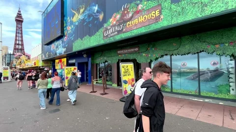 Blackpool UK 02 Aug, 2024: Seafront Golden Mile Amusements. 4k video Stock Footage 280819824