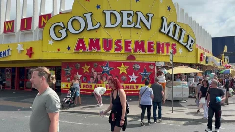 Blackpool UK 02 Aug, 2024: Seafront Golden Mile Amusements. 4k video Stock Footage 280819855