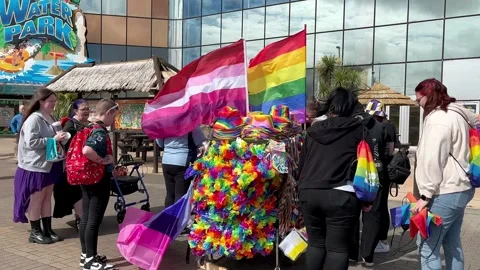 Blackpool, UK 08 June 2024: Summer rainbow Pride festivities by the seaside. Stock Footage 277105301