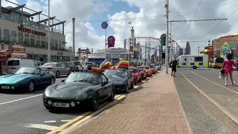 Blackpool, UK 08 June 2024: Summer rainbow Pride Rally TVR cars Stock Footage 277105380