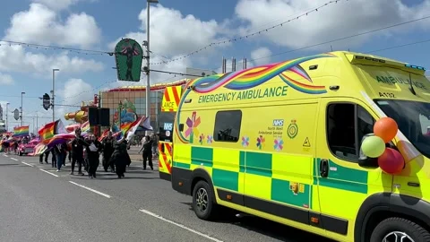 Blackpool, UK 08 June 2024: Summer rainbow Pride festivities by the seaside. Stock Footage 277111602