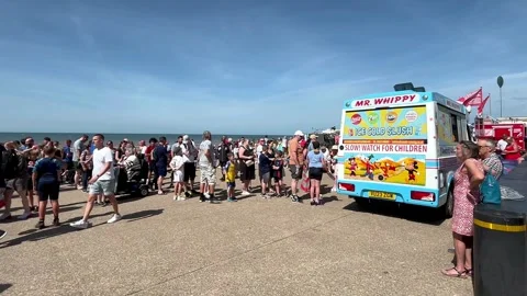 Blackpool, UK 2024 Aug 11; Hot weather ice cream queues Free seaside airshow Stock Footage 281500162