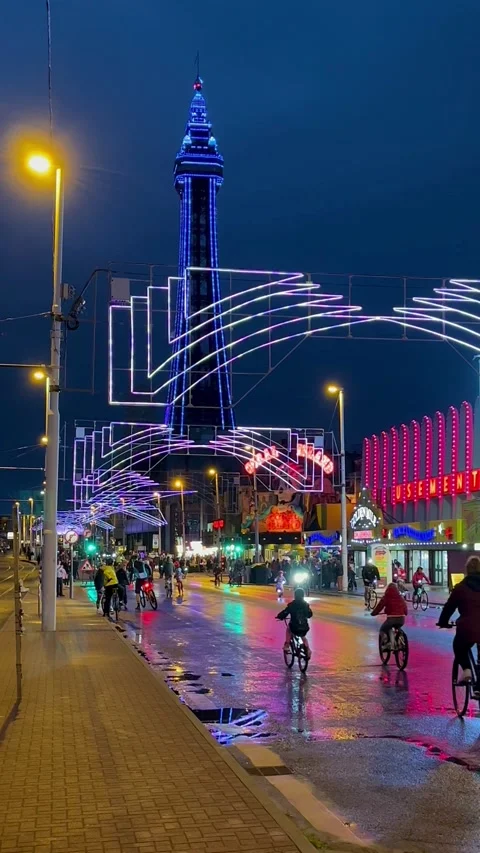 Blackpool, UK 2024 Aug 27; Ride the Lights preview of Tower Illuminations Stock Footage 282858042
