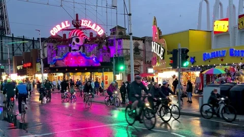 Blackpool, UK 2024 Aug 27; Ride the Lights preview of Illuminations Stock Footage 282858048