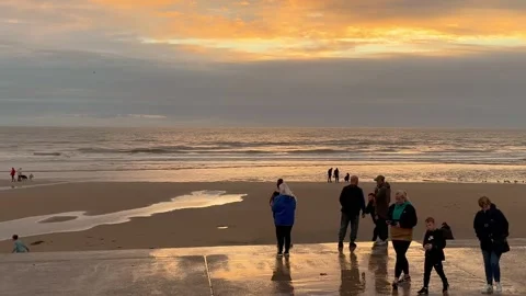 Blackpool, UK 2024 Aug 27: Ebb tide Shimmering Beach sunset Stock Footage 282860967