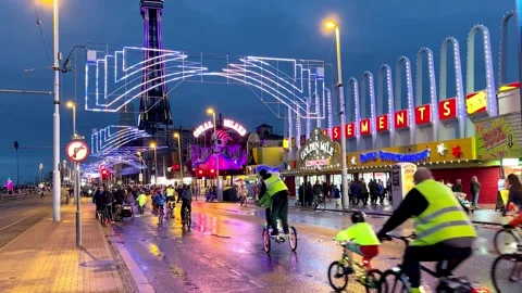 Blackpool, UK 2024 Aug 27; Ride the Lights preview of Tower Illuminations Stock Footage 282878252