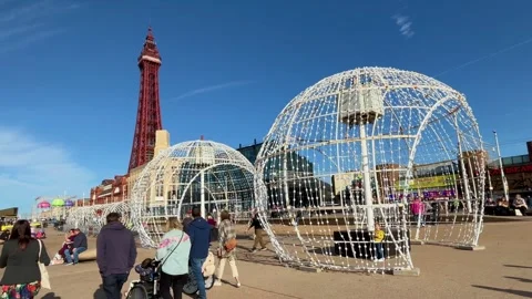 Blackpool, UK 2024 Oct 27. Illuminations Spiro Light LED Tunnel Stock Footage 289439438