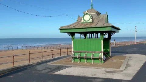 Blackpool, UK 2024 Oct 27. 1903-04 Victorian promenade wooden shelters Stock Footage 289444483