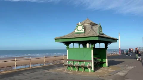 Blackpool, UK 2024 Oct 27. 1903-04 Victorian promenade wooden shelters Stock Footage 289444551