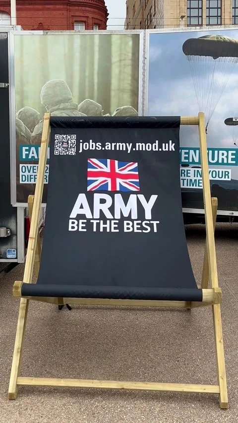 Blackpool, UK 2025 Aug 10; Giant Army deckchair. Tower Headland. 4k video Stock Footage 314708267