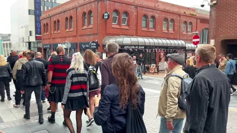 Blackpool UK 2025 Aug 10: Rebellion Punks queuing in line. 4K video Stock Footage 314719078