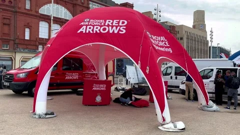 Blackpool, UK 2025 Aug 10. Red Arrows Airshow arrivals on a windy day. 4k video Stock Footage 314777070