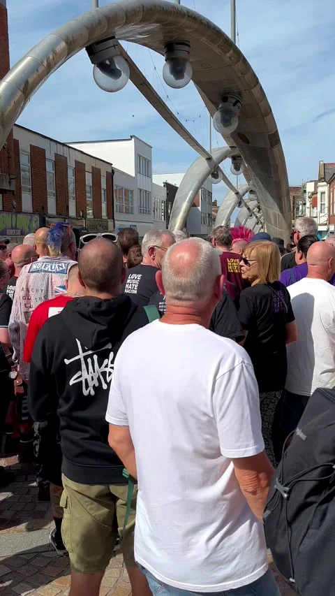 Blackpool, UK. 2025 Aug, 11: Punks assemble in Birley Street. 4k video Stock Footage 314642021