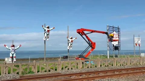 Blackpool, UK 30 Jul 2024; Huge illuminations displays being erected &amp; connected Stock Footage 280486433