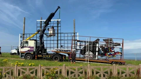 Blackpool, UK 30 Jul 2024; Huge illuminations displays being erected &amp; connected Stock Footage 280489447