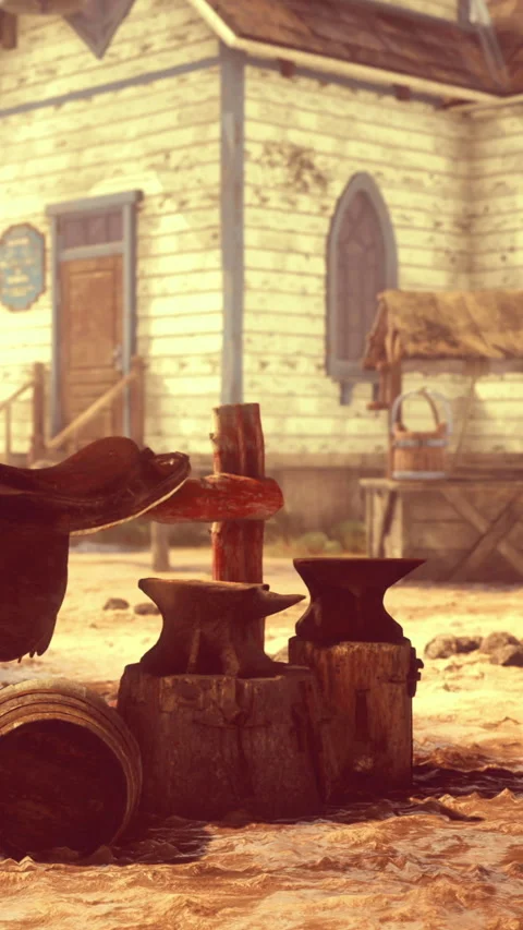 Blacksmith area near old building with tools and wooden elements during daytime Stock Footage 334247655