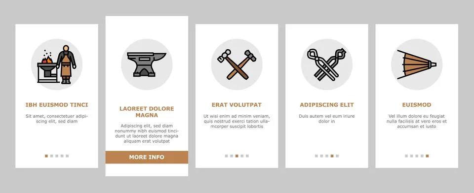 Blacksmith forge anvil hammer onboarding icons set vector Stock Illustration