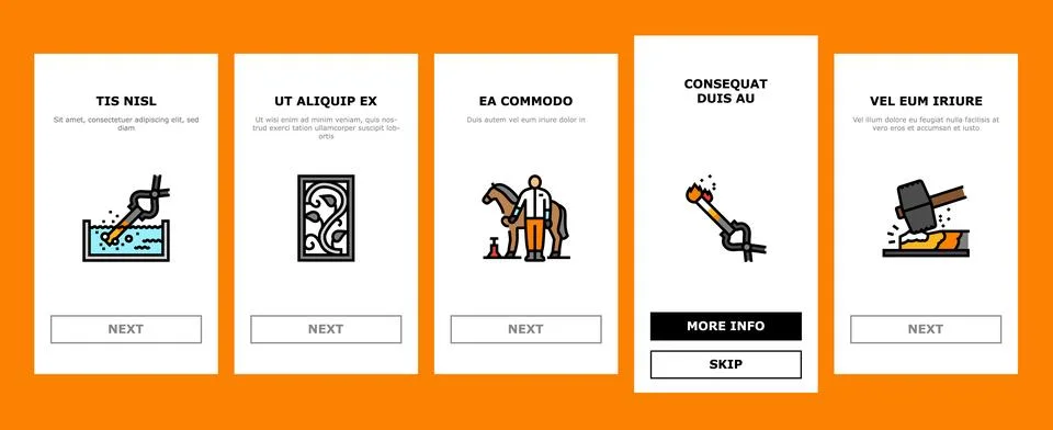 Blacksmith forge anvil hammer onboarding icons set vector Stock Illustration