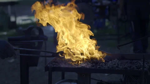 Blacksmith Forge Fire With Hot Metal Tongs Stock Footage 336269882