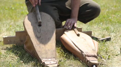 Blacksmith forges inflates fur hand Stock Footage 66275535