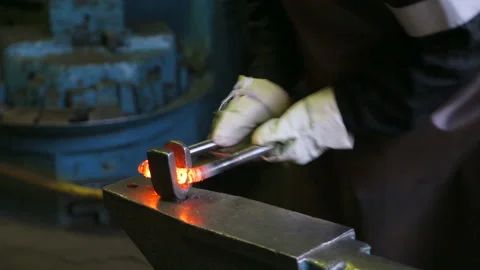 Blacksmith, forges, piece, red-hot, metal., close-up. Stock Footage 89882930