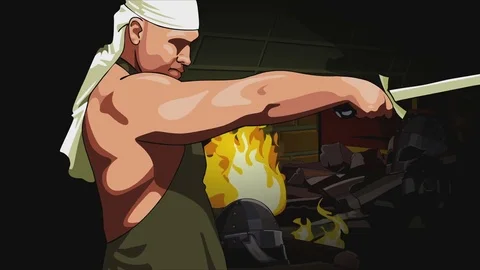 Blacksmith forges a sword in the forge Stock Footage 73573964