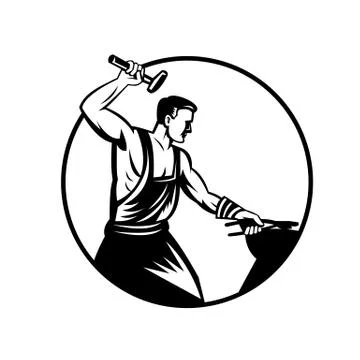 Blacksmith Foundry Worker With Hammer Striking Anvil Retro Black and White Stock Illustration