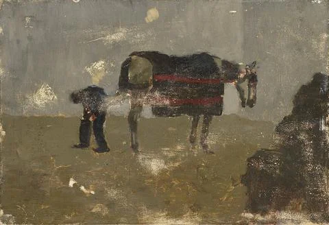 Blacksmith with Gray. Farrier to replace the horseshoe of a horse. Copyrig... Stock Photos