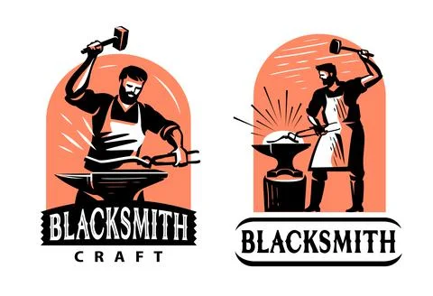 Blacksmith with hammer and anvil logo. Blacksmith shop, workshop, handicraft Stock Illustration